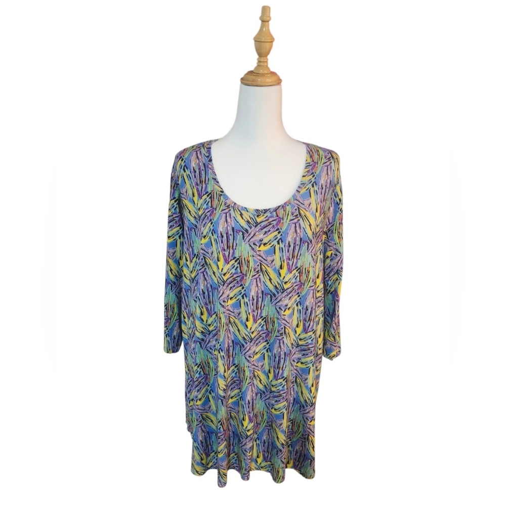 Blue Sky, Bamboo Blend Colorful Abstract Leaf-Print Scoop Neck Tunic - Picture 6 of 7